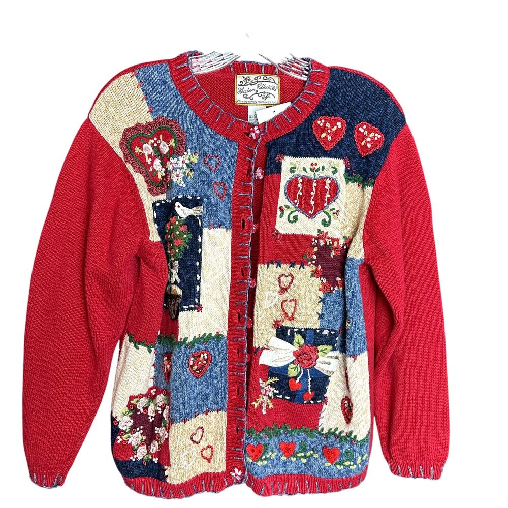 Preloved - Vintage Heirloom Valentine Collectible - Cardigan - Red/ Multicolor